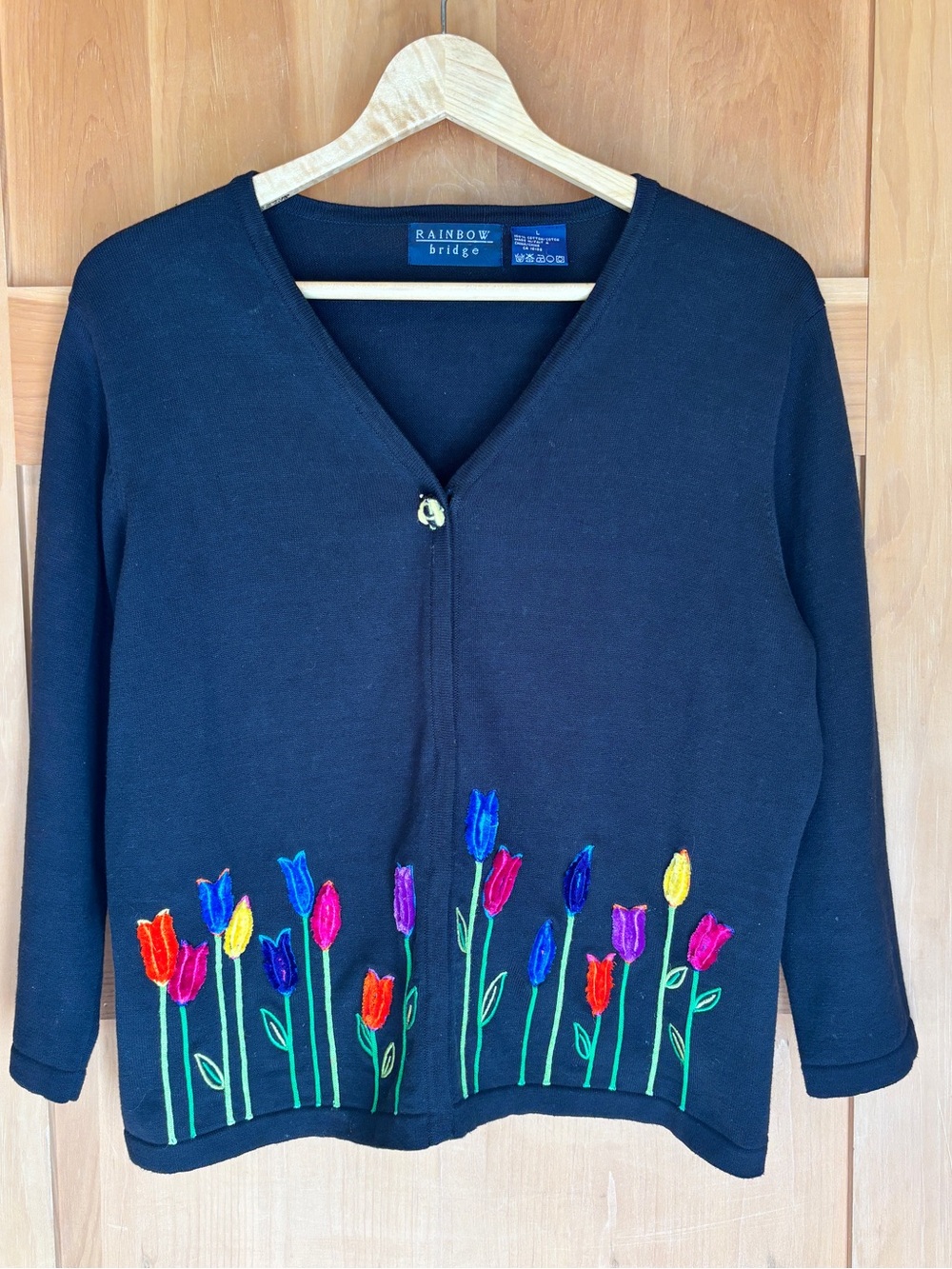 Rainbow Bridge Black Embroidered Tulip Cardigan Sweater Size L